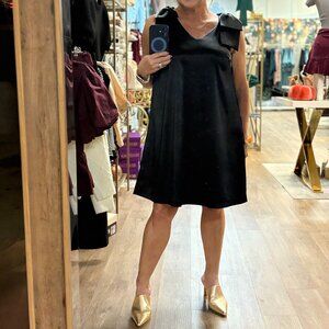 Black Satin Dress, pockets, lined, Shoulder Bow Detail